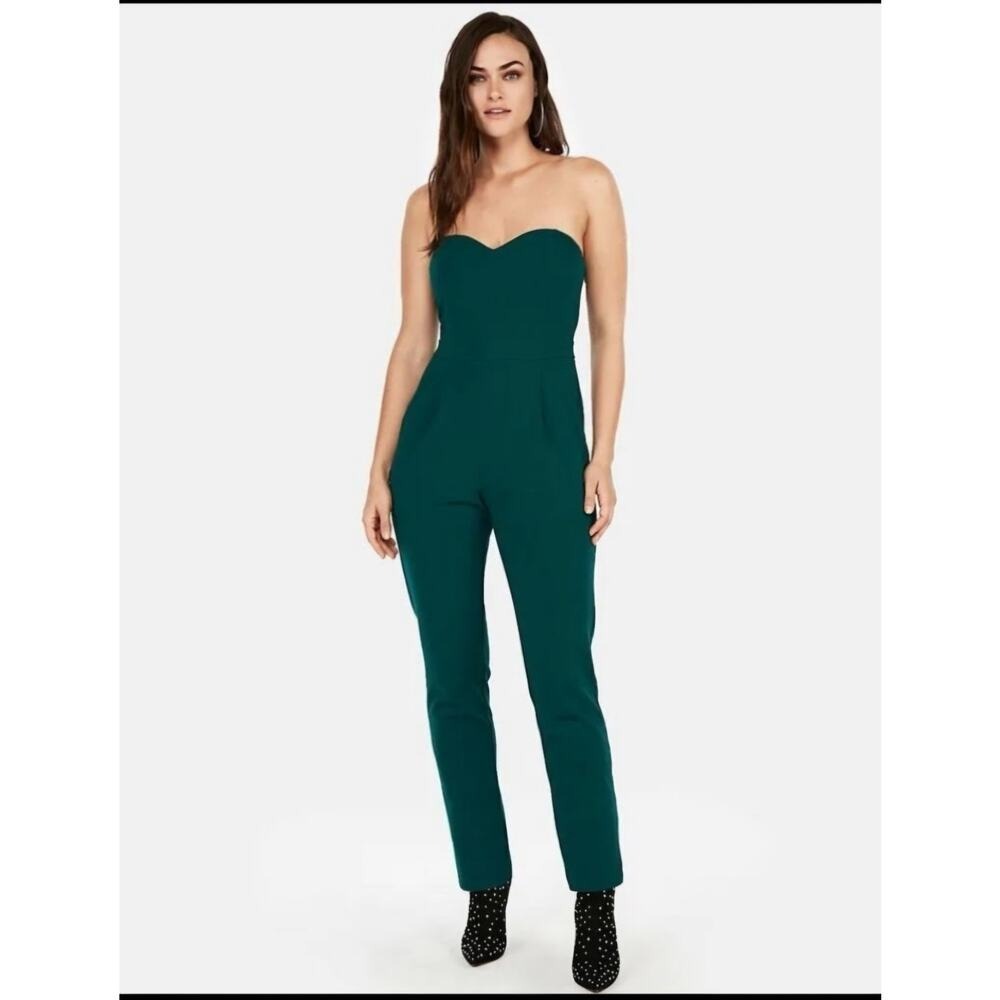 Express‎ Strapless Sweetheart Jumpsuit Forest Green Gold Zip Pocket Slim Leg 4